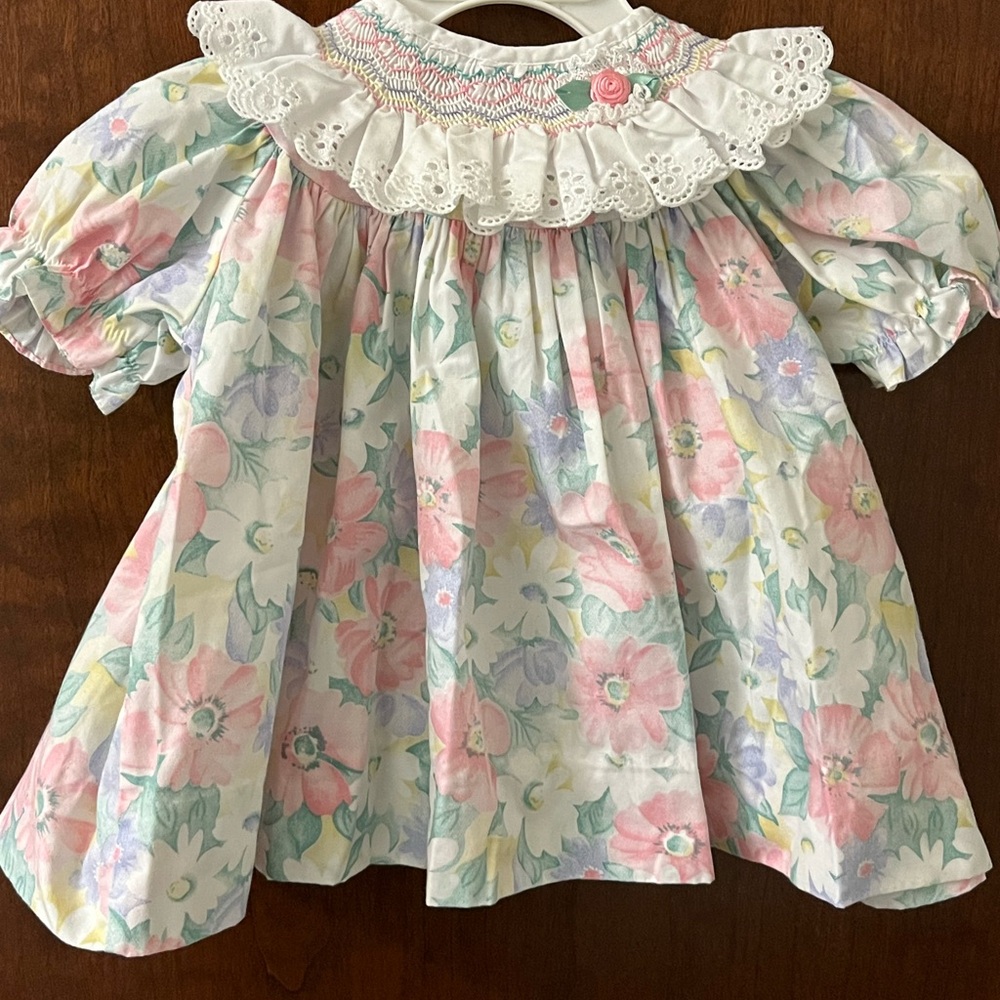 Smocked Floral Ruffle Collar Baby Dress - Pastel Pink & Mint